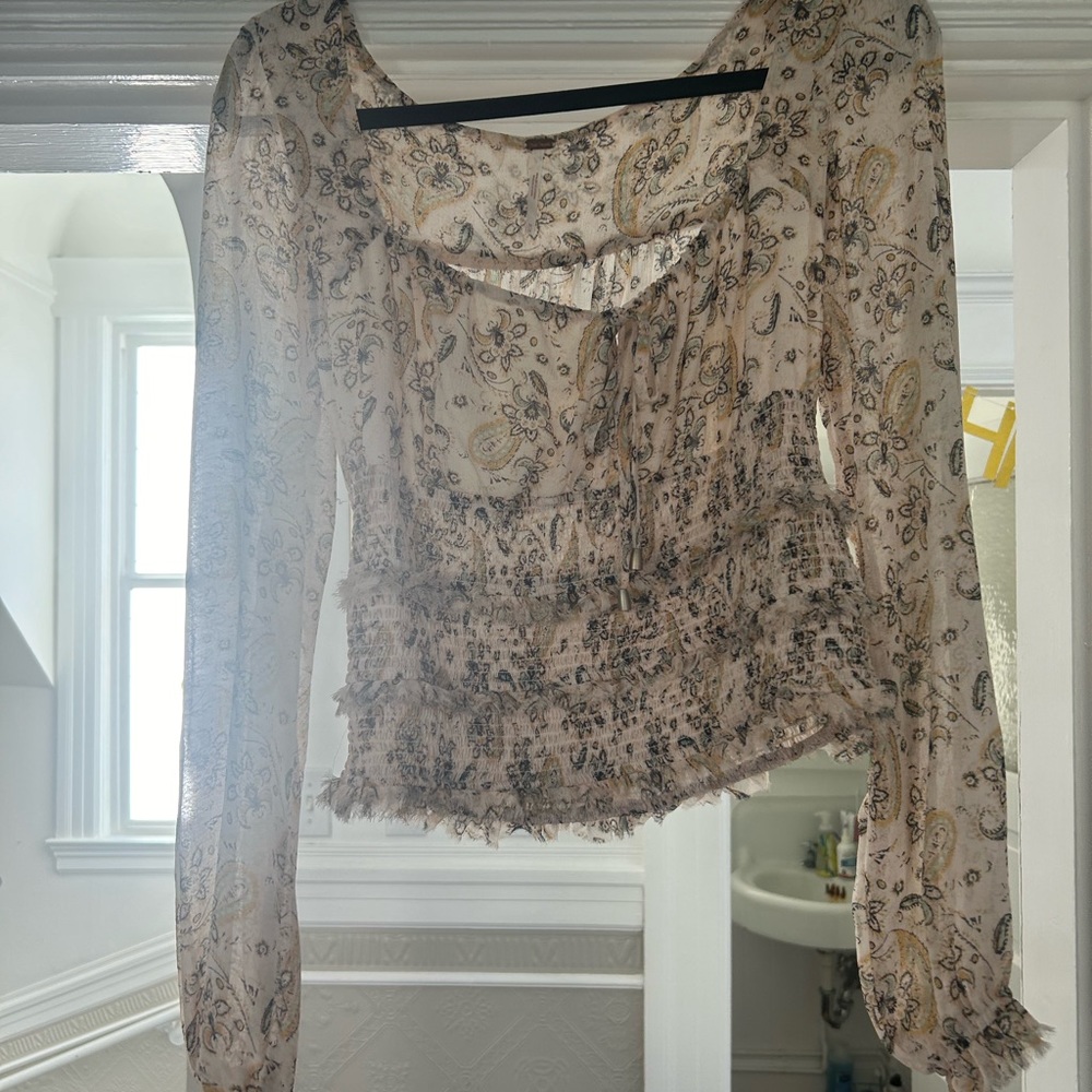 Ruched paisley Free People peasant top in cream